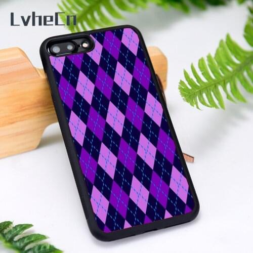 LvheCn Silicone Rubber Phone Case Cover for iPhone 6 6S 7 8 Plus X XS XR 11 12 Mini Pro Max Blue Purple Argyle Pattern
