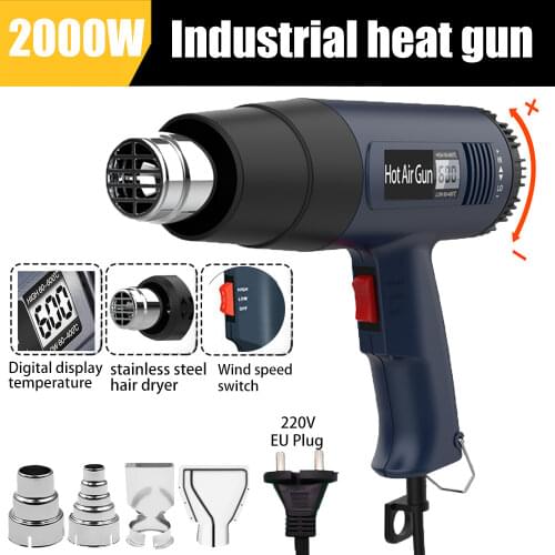 2000W 220V EU Plug Industrial Electric Hot Air Gun Thermoregulator LCD Heat Guns Shrink Wrapping Thermal Heater Nozzle