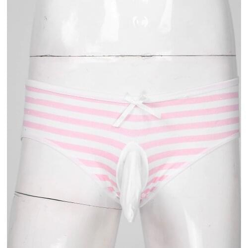 Cotton Men Striped Briefs Panties Seamless Sexy Low Waist See-Through Bulge Pouch Bowknot Elastic Waistband Underpants Underwear