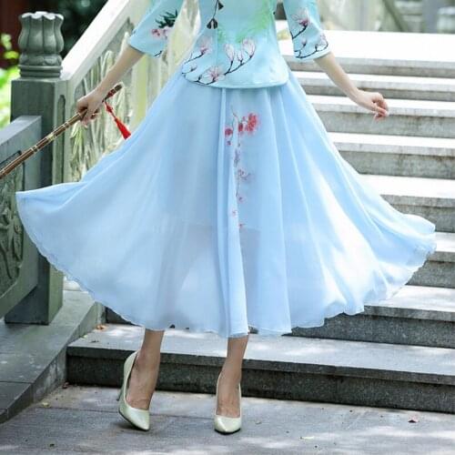SHENG COCO Woman Chinese Style Chiffon Skirt Embroidered Green Skirt Elegant Classic Chiffon Longuette Maxi Skirt