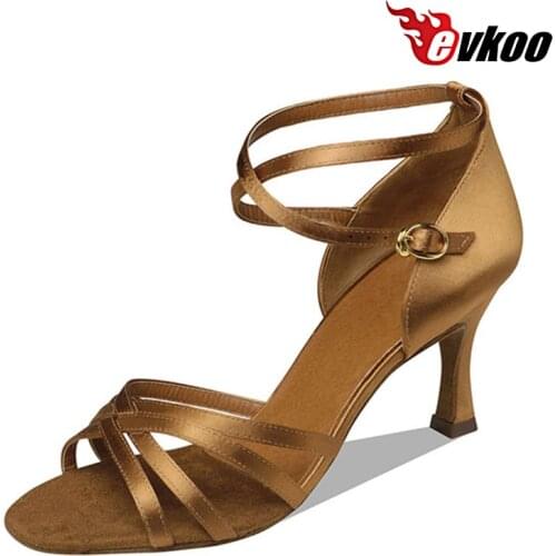 Evkoodance Satin Tan Woman Latin Salsa Professional Ballroom Dance Shoes 7cm Heel Height Soft Sole Evkoo-056