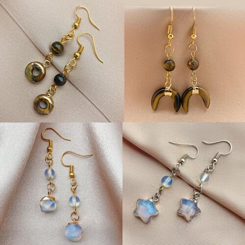 Boho Elegant Natural Stone Drop Earrings Women Unique Wedding Gifts Moon Star Opal Tigereye Dangle Statement Earring Wholesale