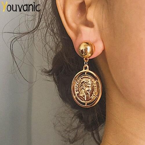 Youvanic Vintage Carve Coin Portrait Round Long Drop Earrings For Women Gold Circle Dangle Statement Earring Female Brincos 1359