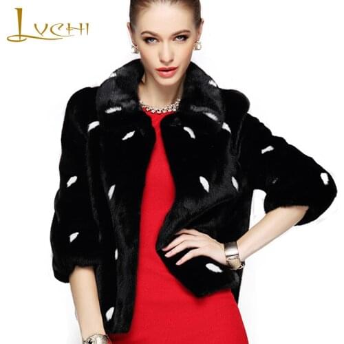 LVCHI Winter 2019 Import Velvet Real Mink Fur Coats Womens Coat Full Pelt Mandarin Collar Causal Print Feathers Mink Fur Coats