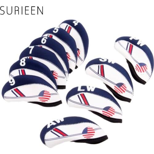 Golf Club Iron Head Covers 10 Pcs Neoprene Golf Headcovers Set Protector (White With Blue US Flag) One size Fit All Irons Clubs