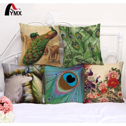 18" Blooming Rich Peacock Cotton Linen Pillow Cases Peacock Feather Bedside Cushions Cover Car Waist Pad Decor Wholesale 2017