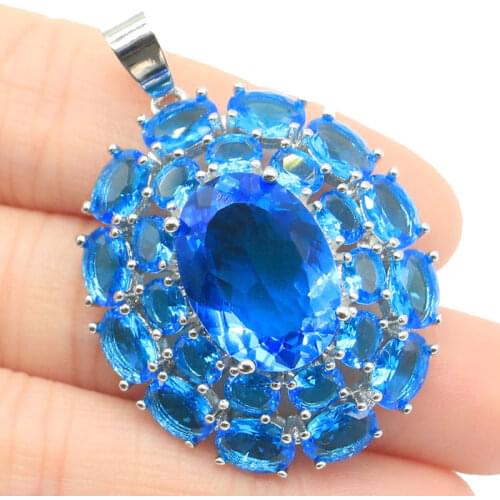 40x28mm SheCrown Delicate Heart Rhodolite Garnet London Blue Topaz Women Fine Jewelry 925 Sterling Silver Pendant