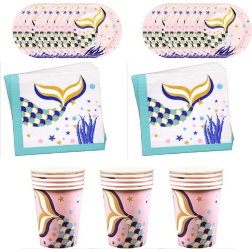 60pcs/lot Happy Birthday Party Mermaid Theme Plates Kids Girls Favors Cups Napkins Baby Shower Decorate towel Dishes