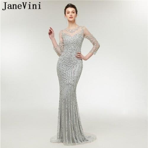 JaneVini Shiny Sequined Long Silver Prom Dress 2019 O-Neck Luxury Heavy Beaded Illusion Arabic Mermaid Prom Dresses Vestido Gala