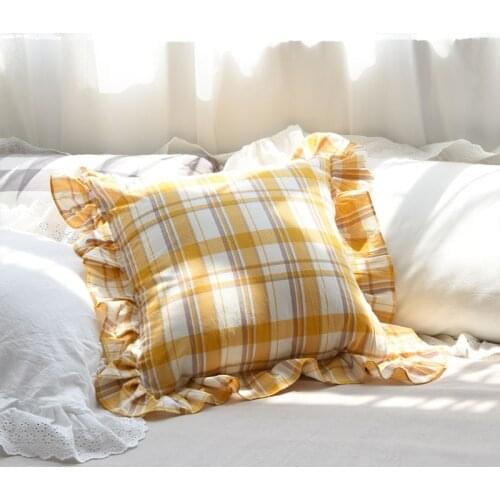 Yellow Plaid pillow case fake Princess European pillow case protective pad cotton pure ruffled pillow