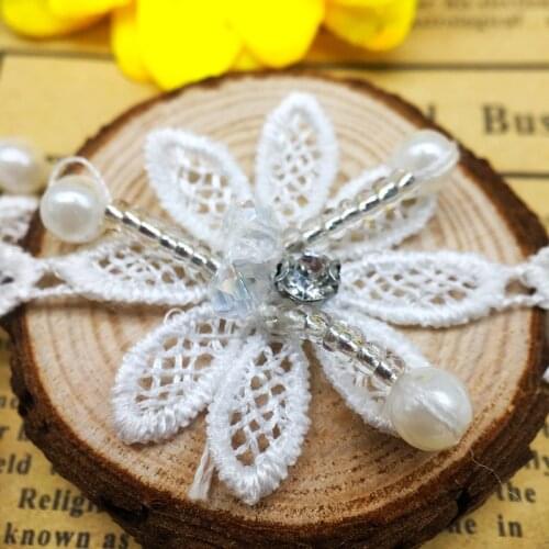 GXINUG 1 Yard Leaf Shape Beaded Pearl Flower Mesh Lace Trim Ribbon Fabric Net Sewing Craft Appliques Wedding Dress Clothes Decor