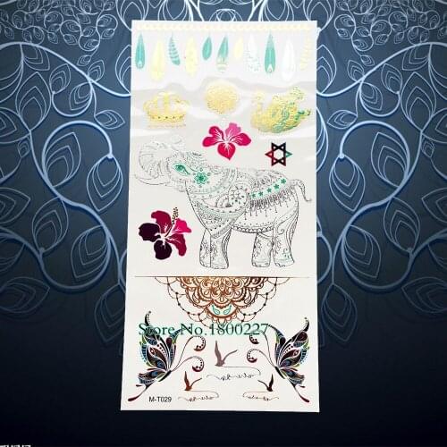Henna Mehndi Flash Waterproof Gold Tattoo Sticker Women Body Art Arm Tattoo Silver Elephant Designs 21x10CM Butterfly Lace Tatoo