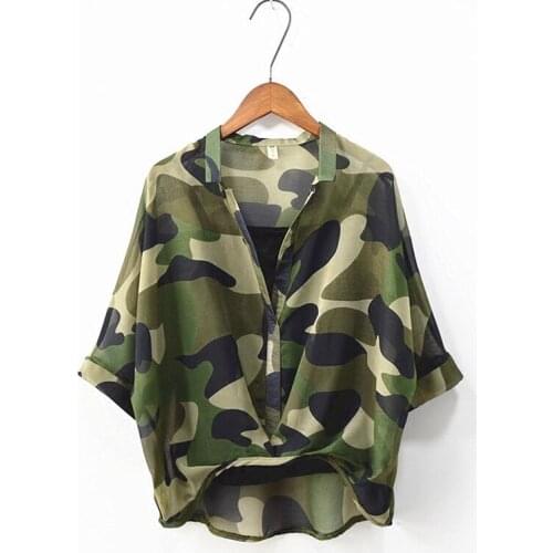 Camouflage Chiffon Women Blouse 2021 Summer New Half Sleeved V-neck Two Pieces Loose All Match Female Pulls Outwear Tops