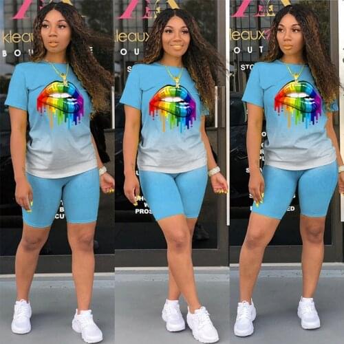 TNNAOFF Plus Size Gradient Lip Two Piece Tracksuits Women Set Short Sleeve T Shirt Sexy Biker Shorts Lounge Wear Matching Sets