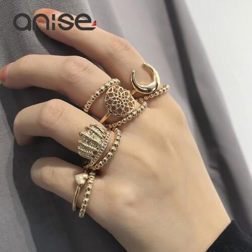 Anise Fashion Gold 9Pcs/Set Rings for Women Moon Heart Crown Midi Finger Knuckle Rings Boho Female Party Jewelry Bague Femme