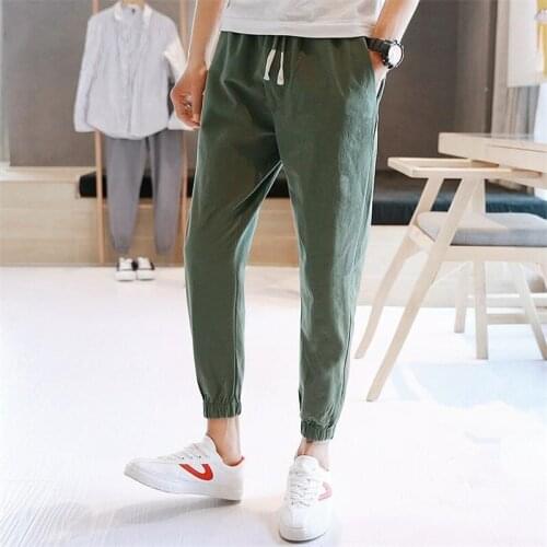 Mens Fashion Cool Cotton And Linen Ankle-length Pencil Pant Elastic Waist Drawstring Slim All-Match Trousers Plus Size Pants M-6