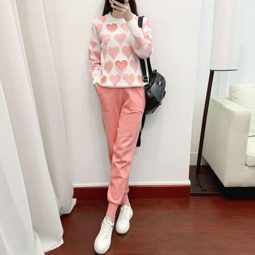 2021 New Autumn Sweet Love Print Beads Pullover Top Sweater + High Waist Double Pockets Knitted Pants Two-Piece Set for Women
