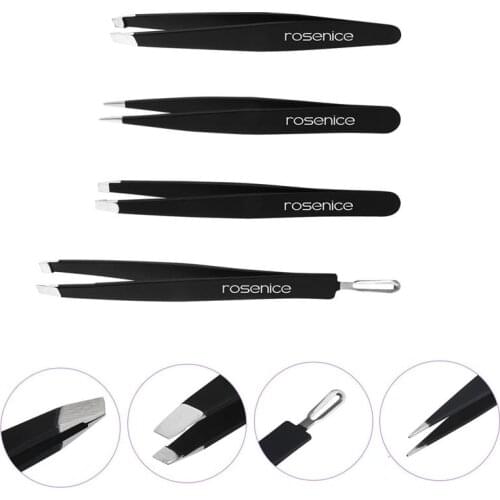 RUIMIO 4pcs Professional 401 Stainless Steel Slant Tip Tweezer Best Precision Eyebrow Tweezers Kit with Rubber Painted