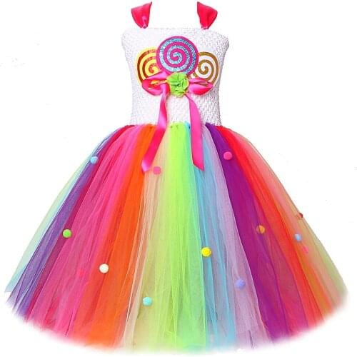 Rainbow Lollipop Tutu Dress for Girls Princess Candy Birthday Dresses Full Length Girls Halloween Christmas Costumes for Kids