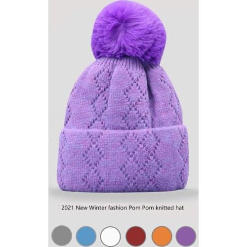 2021 NEW Fashion Warm Knitted Womens Hat Striped Winter Hats For Women Fur Pompom Wool Beanies Thick Skullies faux Bobble Hat