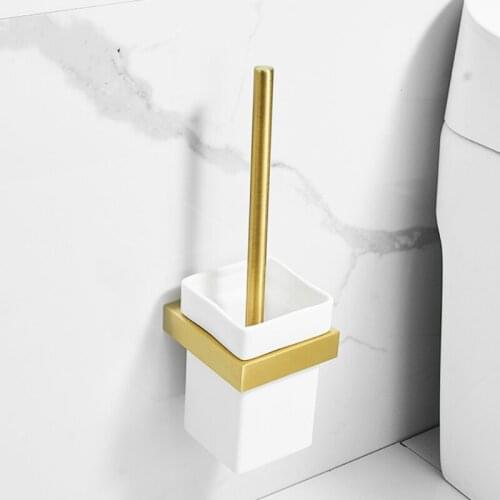 Golden Tolietlean Brush Bathoom Accessories Brushed Gold Toilet Brush Sapce Aluminum Toilet Brush Holder Ceramic White Cup