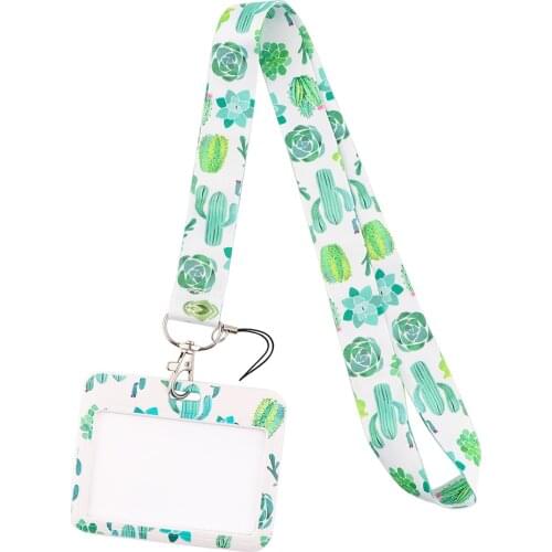 CB669 Green Plant Cactus Lanyard Credit Card ID Holder Bag Student Women Travel Card Cover Badge Car Keychain