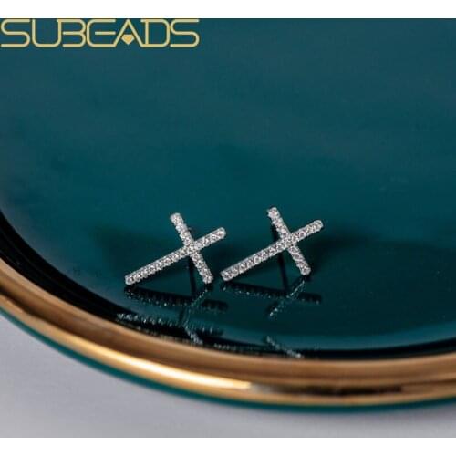 Subeads Real 925 Sterling Silver Crystal Cross Stud Earrings For Women Shiny Simple Cross Earrings Ear Stud Jewelry Gift