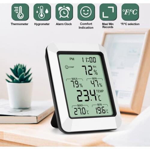 Smart Temperature Humidity Meter with LCD Digital Display Digital Thermometer Hygrometer wit Time Alarm Max./Min. Value Function