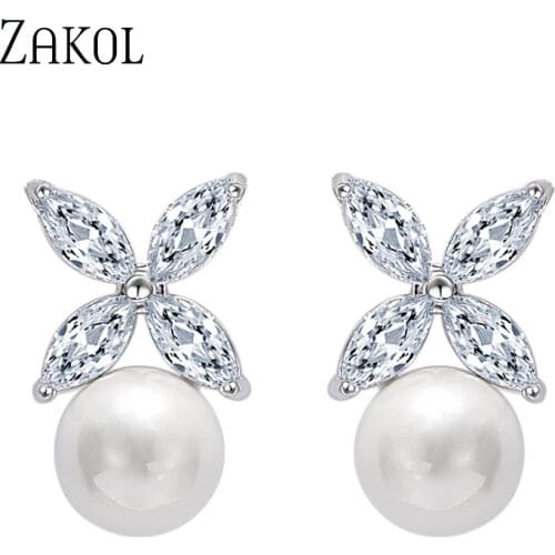 ZAKOL Hot Sale White Color Crystal Zircon Flower Stud Earrings Imitation Pearl Wedding Jewelry Boucles d'oreilles FSEP525