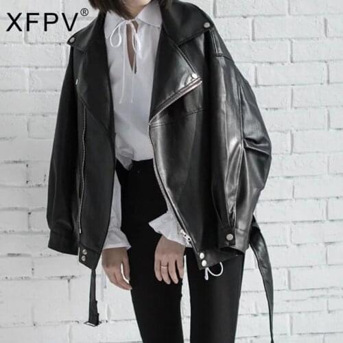 XFPV Woman PU Leather Jacket Black Solid With Sashes Long Sleeve Lapel Oversized Biker Style 2021 New Autumn Fashion SM813