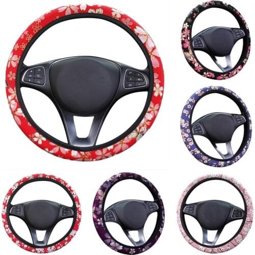 Women Sakura Plum Printed Kintted Auto Steering Wheel Cover Flowers Car Steering Wheel Case Protector for Lady Car Interior