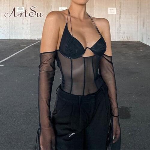 ArtSu Sexy Low Cut Mesh Top Women Halter Autumn Club Party Black See-Through Transparent Long Sleeve Tee Shirt Female TS52583