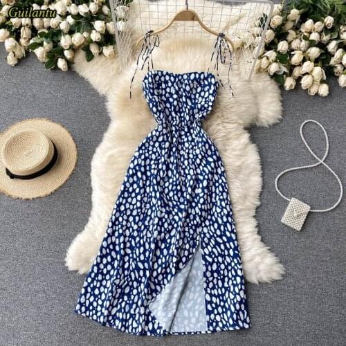 Guilantu Polka Dot Chiffon Beach Long Dress Women Summer Strappy Sleeveless Vestidos Spaghetti Strap Backless Sexy Club Dresses
