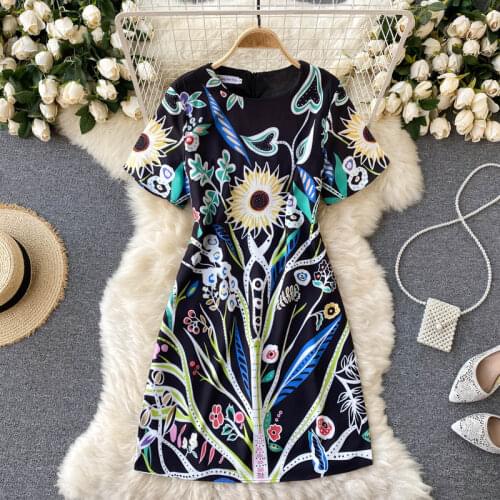Europe Style 2021 Summer Elegant Women O Neck Short Sleeve Floral Print Casual Dress Fashion Ladies Vintage Dresses