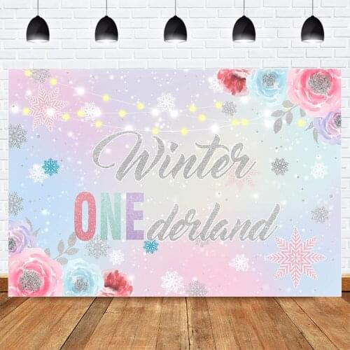 Winter Onederland Birthday Backdrop for Photography Rainbow Children 1st Birthday Party Banner Background Snowflake Flowers