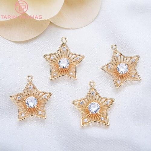 4PCS 18x20MM 24K Gold Color Plated Brass with Zircon Pentagram star Charms Pendants High Quality Diy Jewelry Accessories