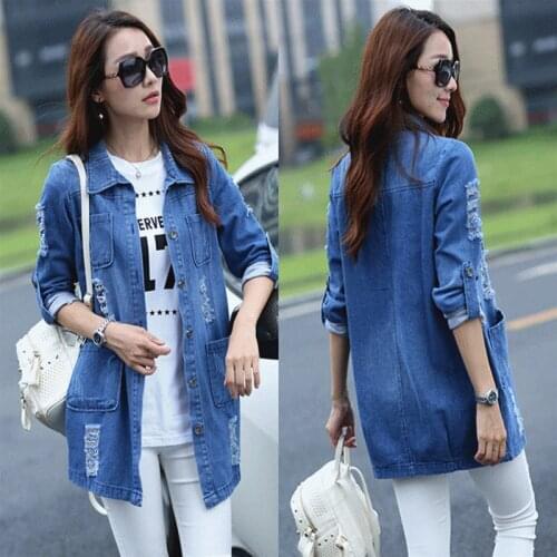 Basic Long Jeans Coats Women Slim Ripped Denim Jacket Femme Elegant Vintage Frayed Jackets Outwear Casacos Feminino