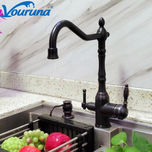 VOURUNA Oil Rubbed Bronze 3 Way Kitchen Faucet Vintage Tri Flow Sink Mixer ORB RO Drinking Water Filtered Tap