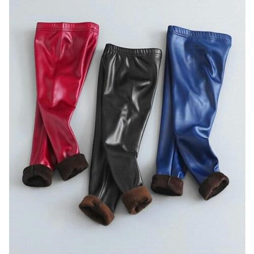 Kids Baby Girls Leggings Autumn Winter Plus Velvet Pu Pants Boys and Girl Imitation Leather Warm Trousers Childrens Clothing