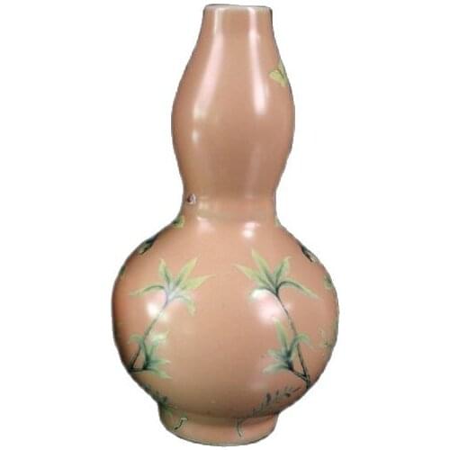 Chinese Old Porcelain Pink Gourd Vase With Flower And Bird Pattern