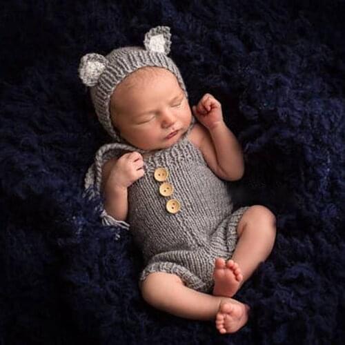2pcs Cute Baby Studio Clothing Set Newborn Photography Props Handmade Knitted Overalls With Fox Ear Hat Photography Accessories