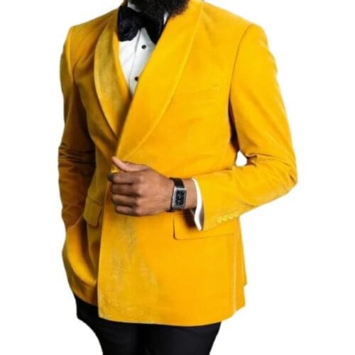 Yellow Velvet Men Suits with Double Breasted 2 piece Party Wedding Groom Tuxedo Man Fashion Set Blazer with Black Pant