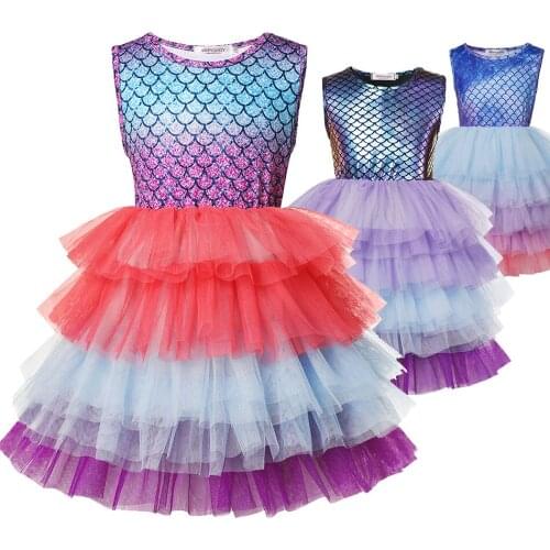 Layered Princess Mermaid Dress up Girl Party Costume Scales Print Gown Kids Milk Silk Clothes and Jewelry Grils Aril Fancy Dress