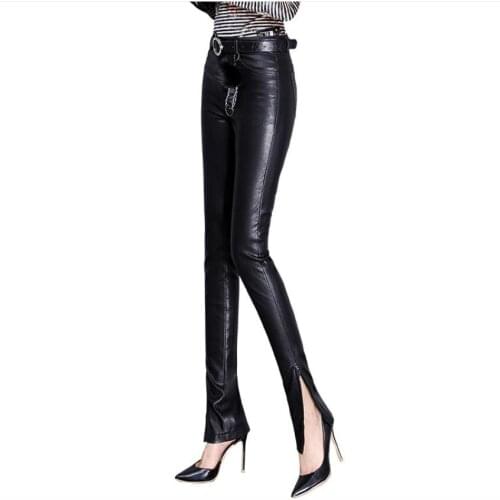 S- 3XL Plus Size high waist warm velvet filling motorcycle PU leather Pants female hollow cut zipper stitch leather pants wq661