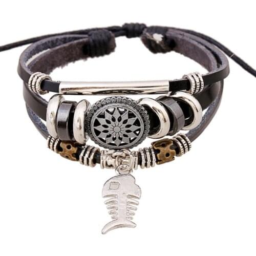 Fashion Black Fish Bone Leather Bracelet Wrap Multi-layer Vintage Flower Beads Charms Bangle Casual Wristbands Women Men Jewelry