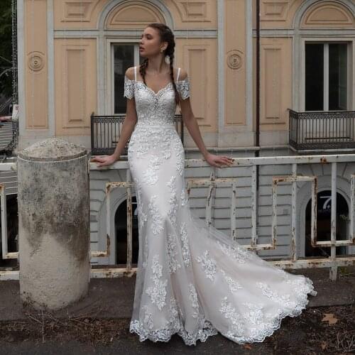 Vestidos Elegant Wedding Dresses Netting Appliques V-Neck Off-Shoulder Lace Up Mermaid Sweep Train Bridal Gowns