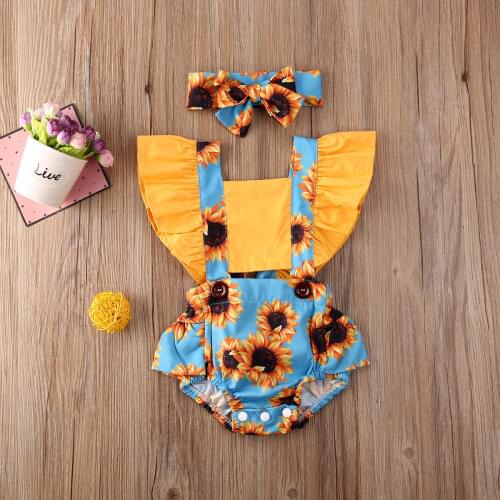 Pudcoco Newborn Baby Girls Clothes Sunflower Print Ruffle Floral Sleeveless Romper Jumpsuit Headband Outfits Age for 0-24 Months