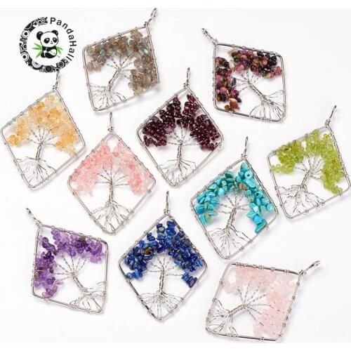 Pandahall 5pcs/lot Natural/Synthetic Stone Big Pendants Rhombus with Tree Charms with Brass Findings for Necklace DIY