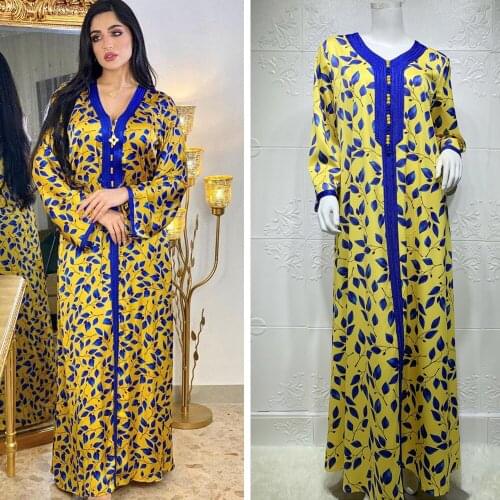 Ramadan Muslim Women Printed Long Dress Arab Kaftan Casual V-neck Abaya Turkish Ramadan Islamic Vestido Long Sleeve Spring Robe