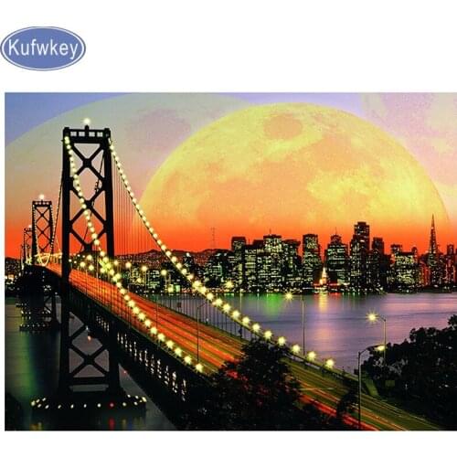 Full Square Diamond Embroidery Night Bridge City Scenery Diy 5D Diamond Painting Cross Stitch Crafts Diamond Mosaic Kits